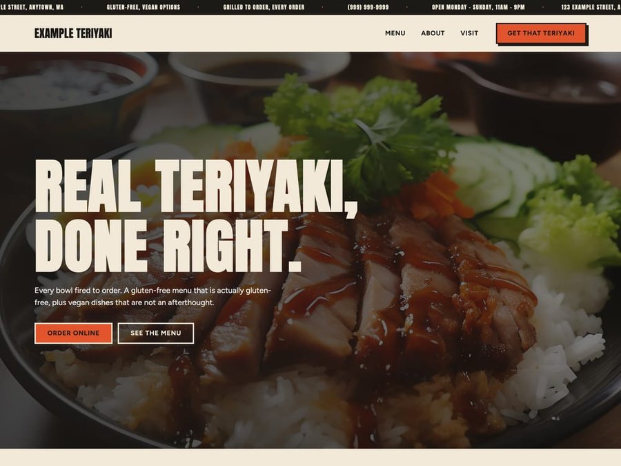 The homepage of the Example Teriyaki demo restaurant site, designed and built by Shoreline Web Design